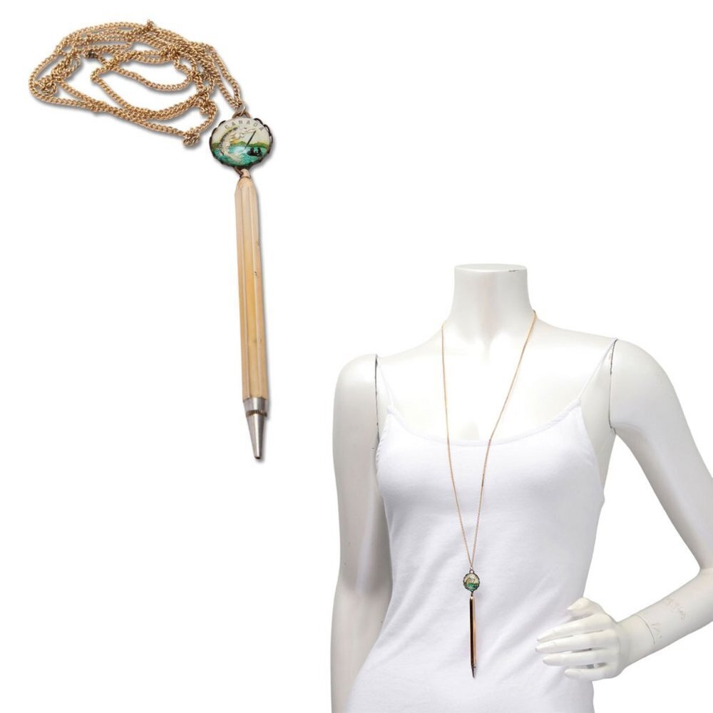 Vintage Canada Pencil Necklace Mid Century Fish Pendant Metal Gold Retractable